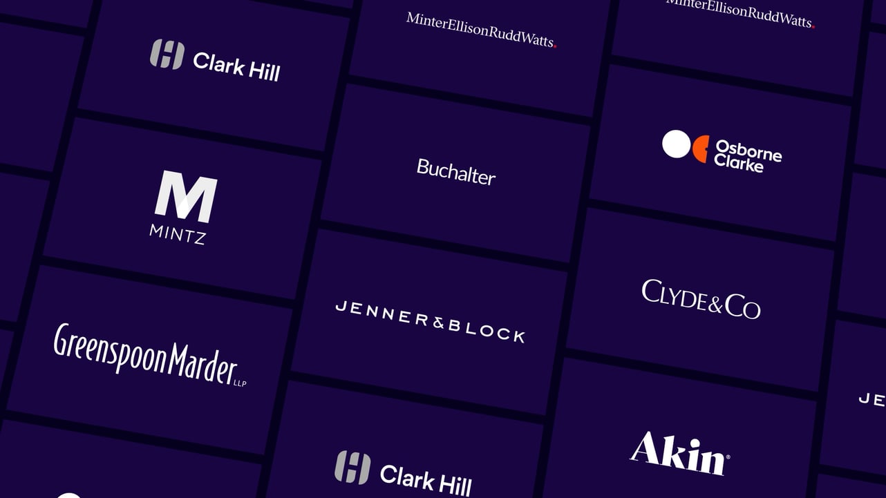 Grid of logos from Elite customer law firms, including Clark Hill, Clyde and Co, Akin, and more.